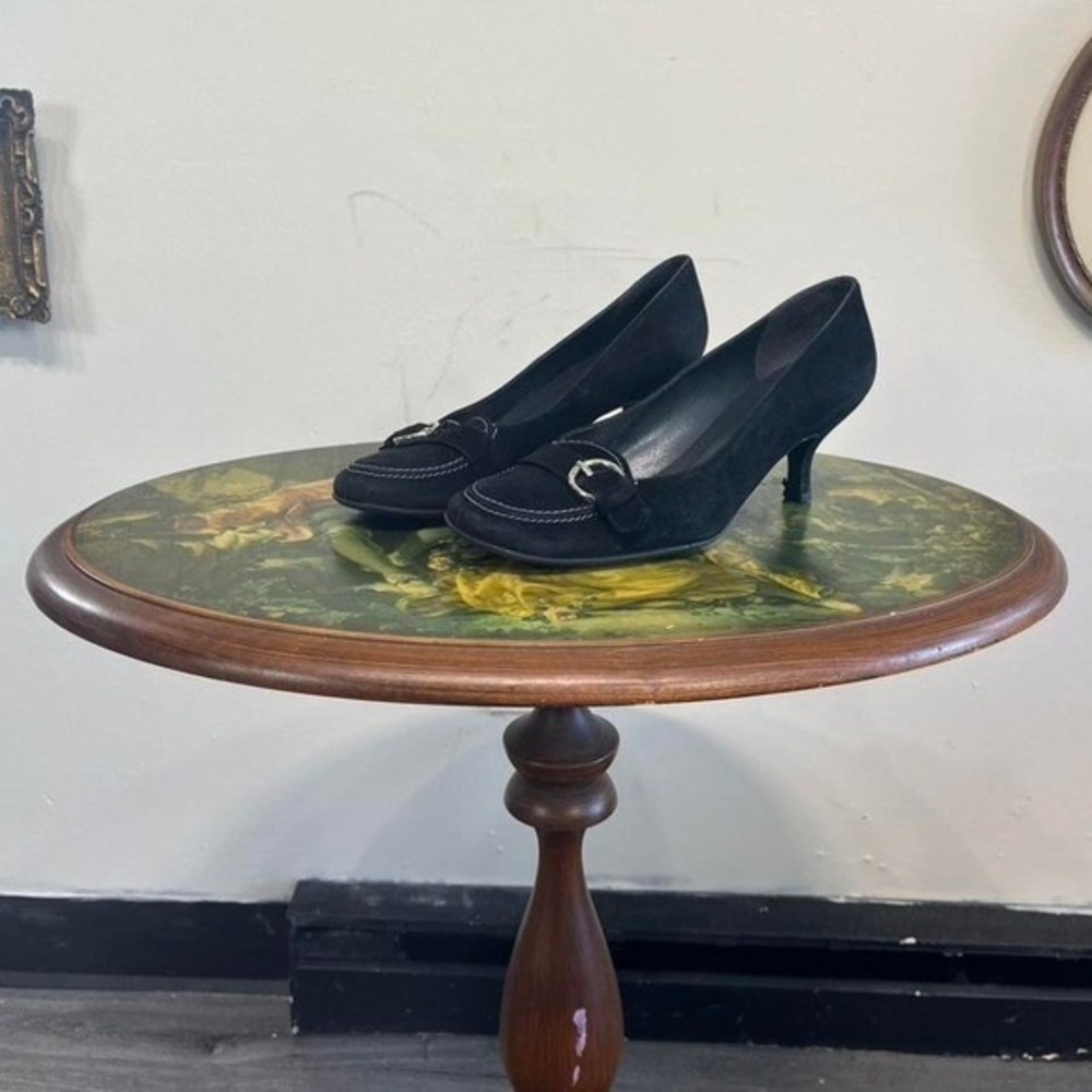 Stuart Weitzman Black Suede Buckle Pumps - Y2K Office Siren Heeled Loafers